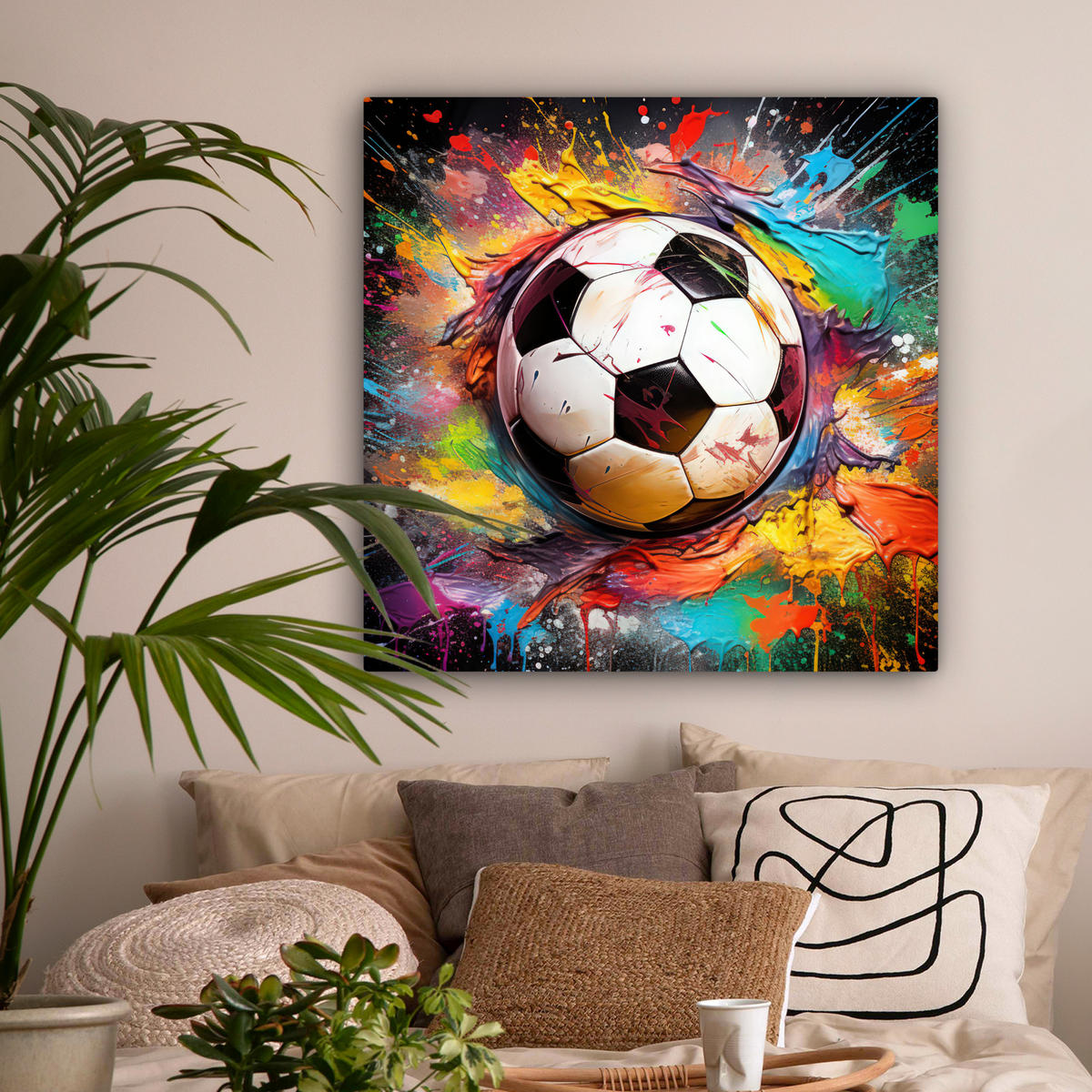 LEINWANDBILD Fußball - Farbe - Farben - Schwarz - Weiß Deko Groß 90x90 cm - Weiß, Textil (90/90cm) - MuchoWow