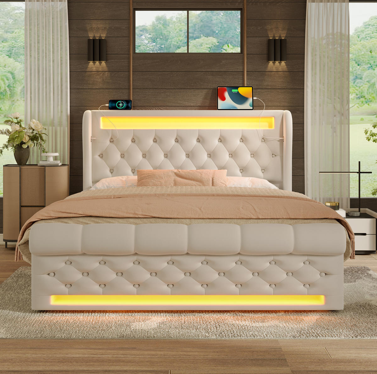 POLSTERBETT 160/200 cm Beige aus Samt mit LED-Beleuchtung und Stauraum - Beige, Textil (160/200cm) - Flora Grace