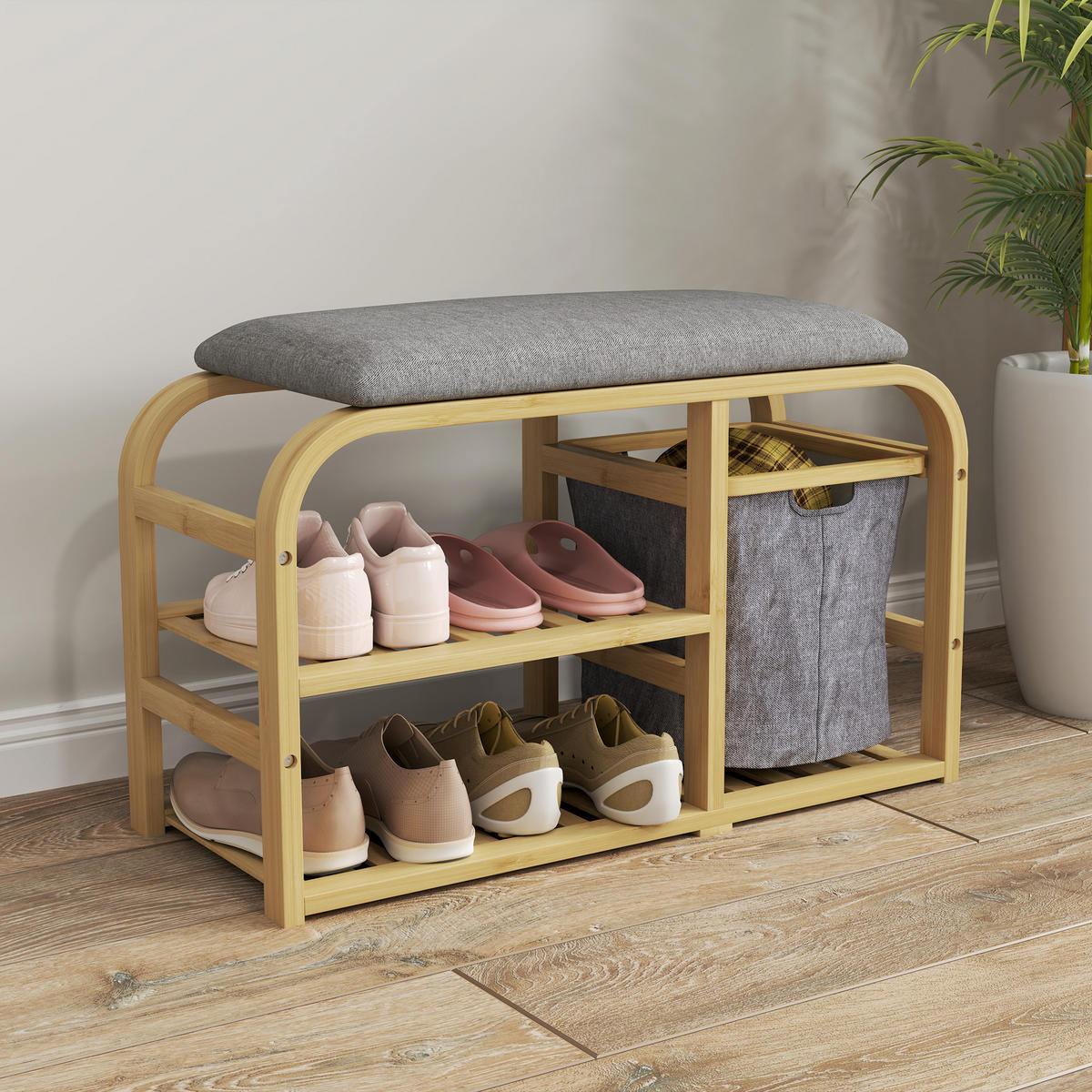 SCHUHBANK Natur mit Sitzkissen und Korb 70/30/45 cm - Naturfarben, Holz (70/45/30cm) - PANGIVO