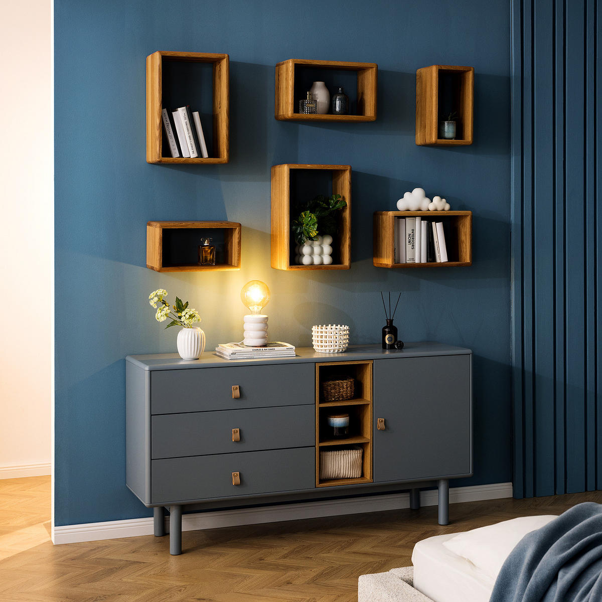 SIDEBOARD - 140 cm - Blaugrau/Braun, Holz/Holzwerkstoff (140/75/40cm) - home24