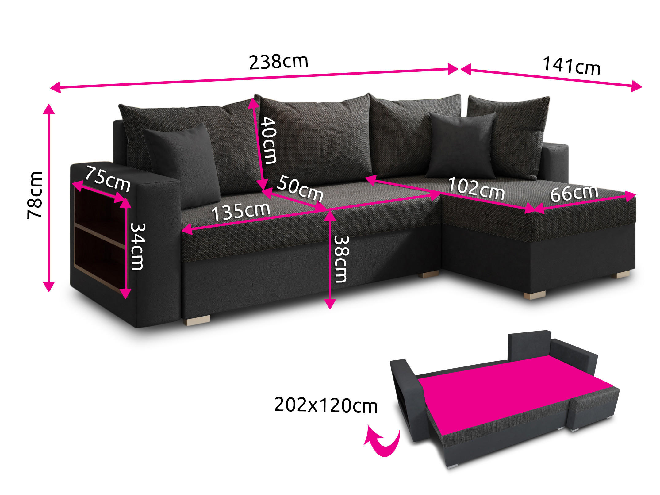 Thumbnail - Sofnet Ecksofa, Grau, Rosa, Textil, 5-Sitzer, Ottomane rechts,Rechteckig, 238x141 cm, Wohnzimmer, Sofas & Couches, Wohnl...