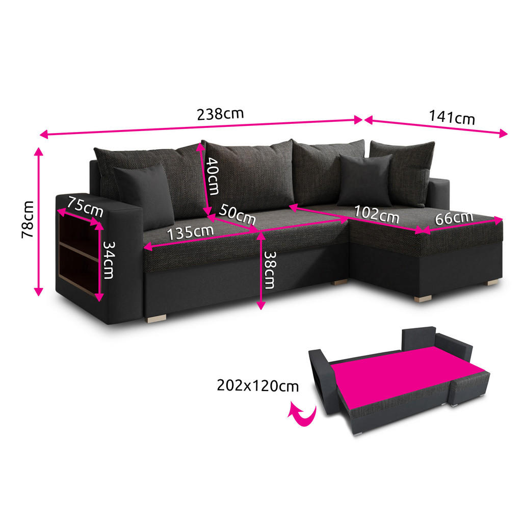 Thumbnail - Sofnet Ecksofa, Schwarz, Rot, Textil, 5-Sitzer, Ottomane rechts,Rechteckig, 238x141 cm, Wohnzimmer, Sofas & Couches, Woh...