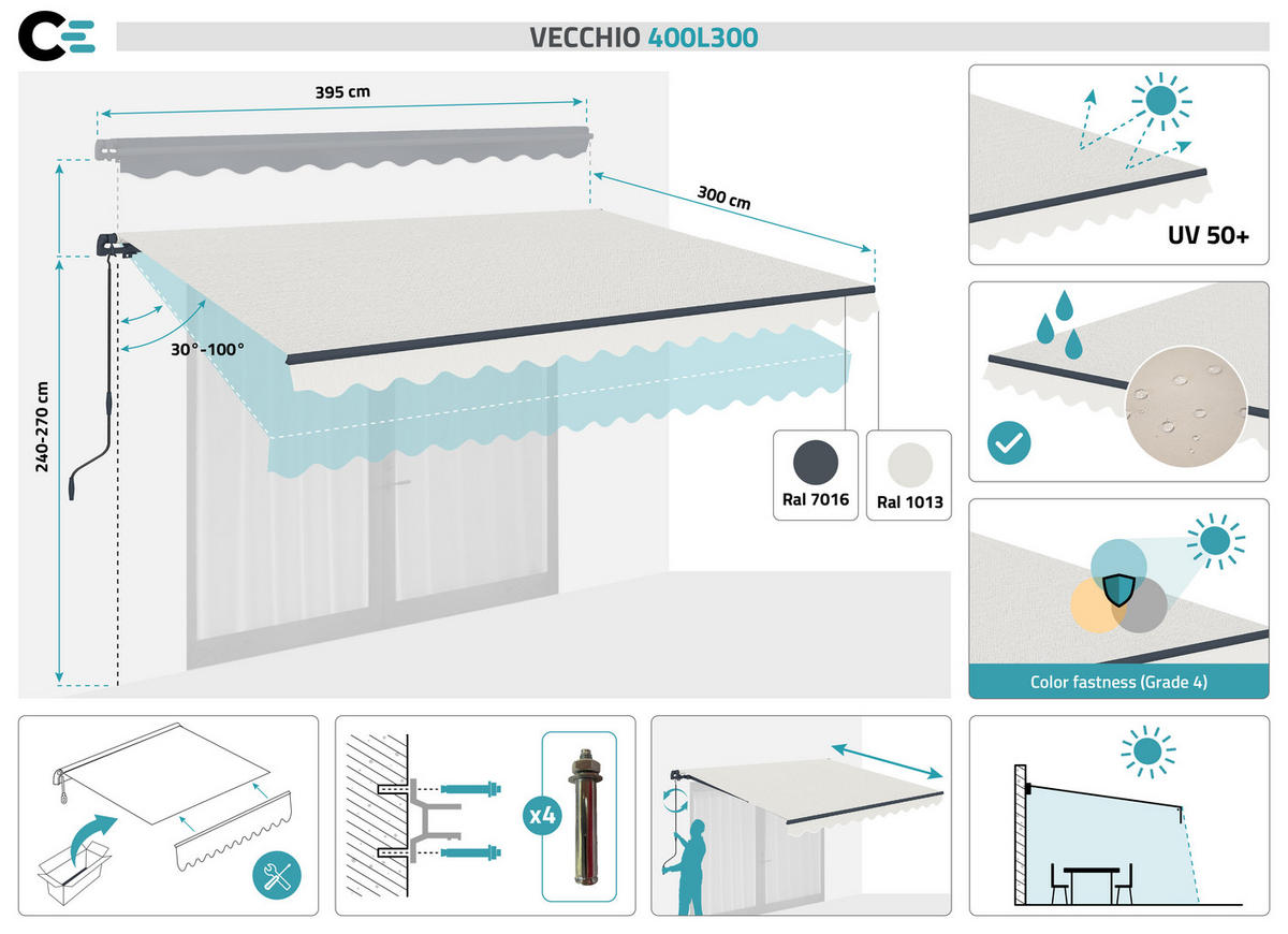 EINTEILIGE MARKISE Vecchio Beige 4m x 3m - Premium-Leinwand 320g/m² - Beige, Metall (395/270/300cm) - Cazeboo