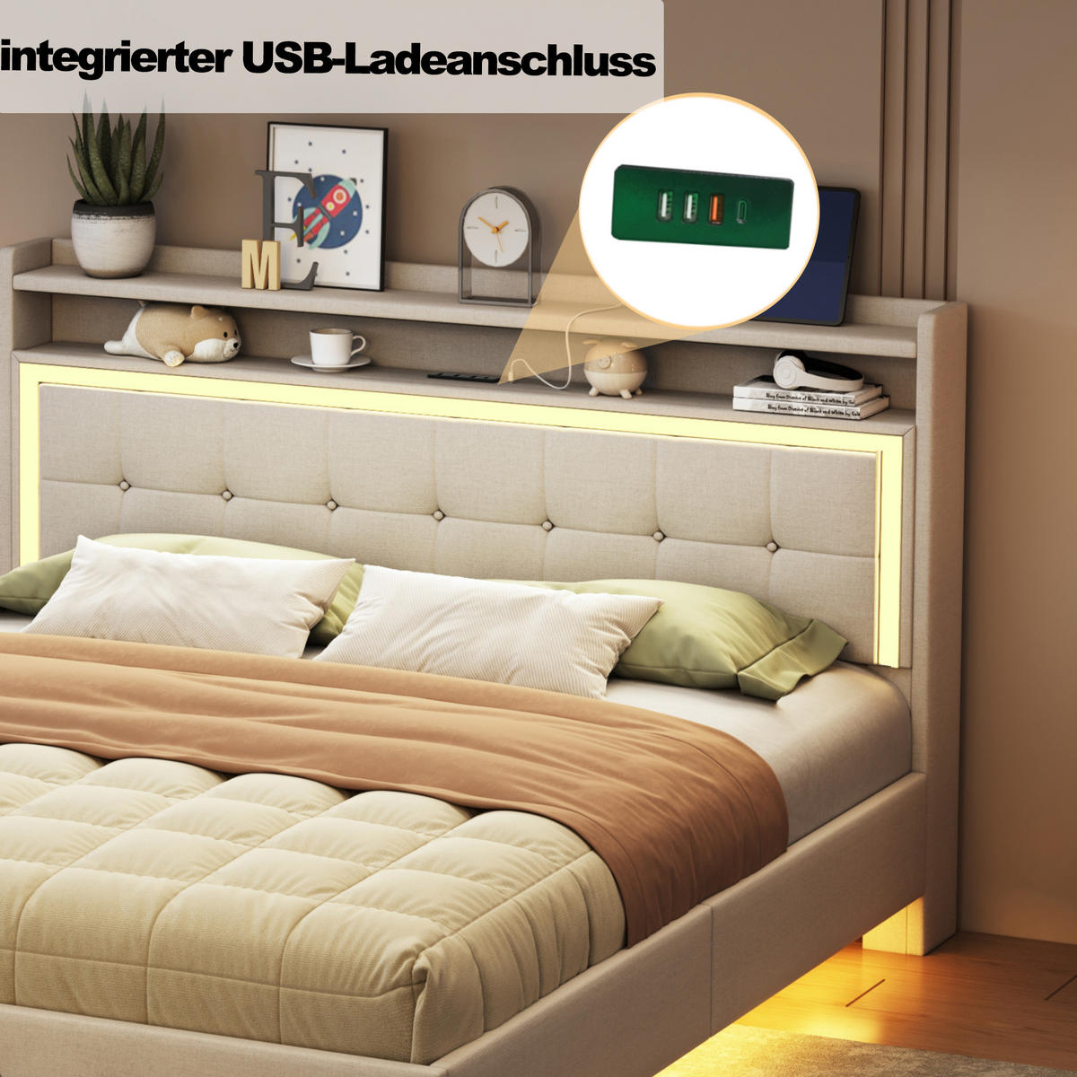 POLSTERBETT 140/200 cm Beige aus Stoff mit USB-Steckdose und LED-Beleuchtung - Beige, Textil (140/200cm) - OKMYHOME