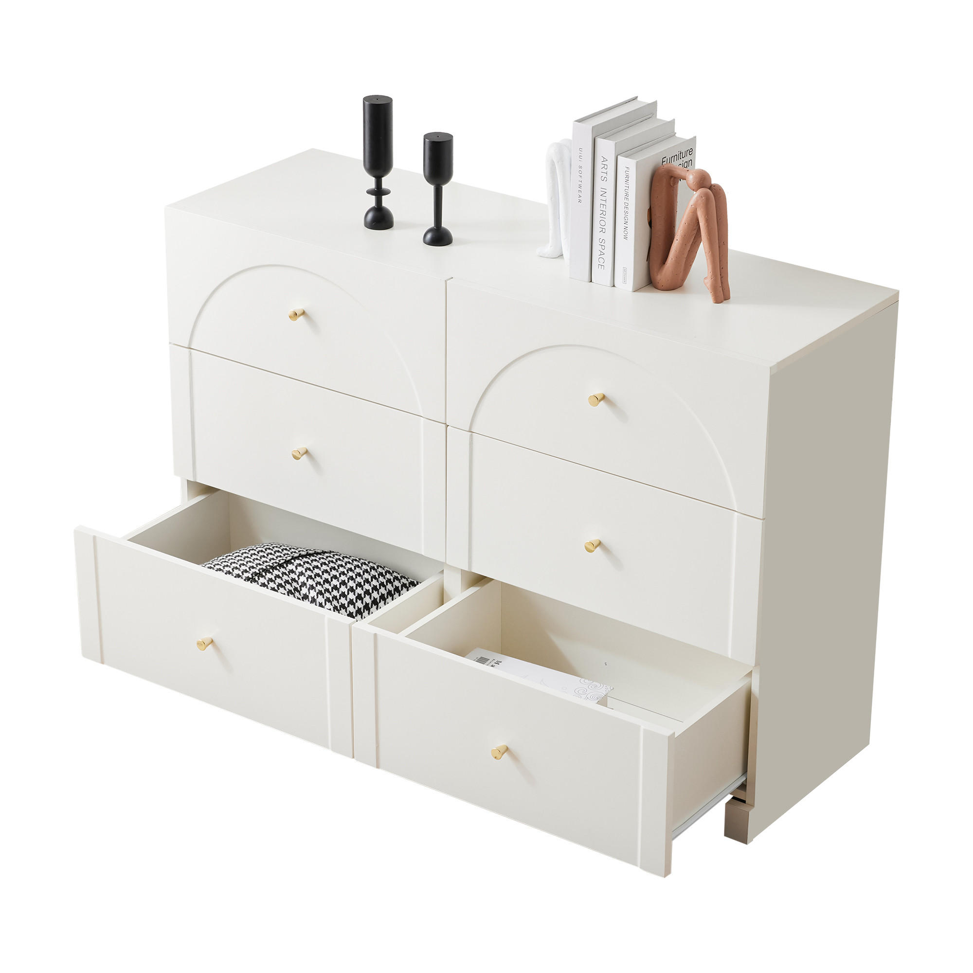 SIDEBOARD Kommode Luxus Design geschwungene Bögen 6 Schubladen Metallgriffe erhöhte Konstruktion - Weiß, Holzwerkstoff/Metall (120/82/40cm) - EVRYAE