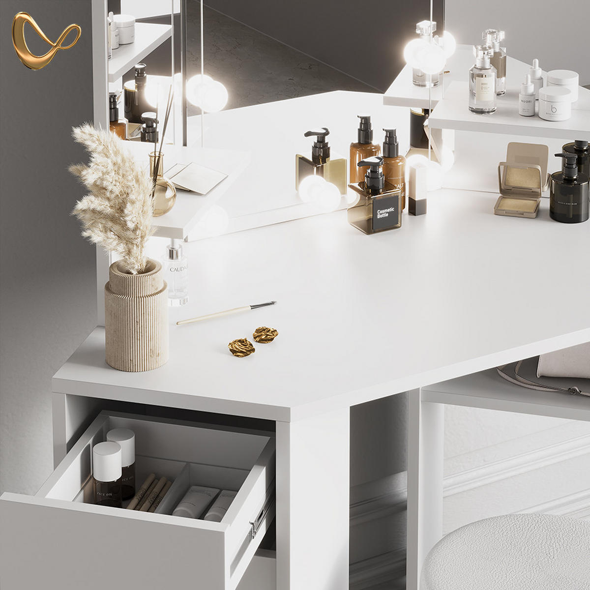 ECKSCHMINKTISCH Enna Weiß 110 cm mit Hocker - Weiß, Holzwerkstoff (110/141.5/54cm) - Livinity®