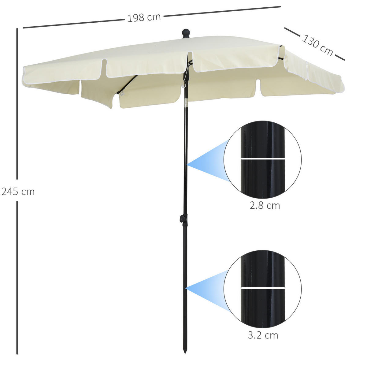 SONNENSCHIRM rechteckig 198/130 cm in Cremeweiß mit Neigefunktion - Beige, Metall (130/198cm) - BEAOK