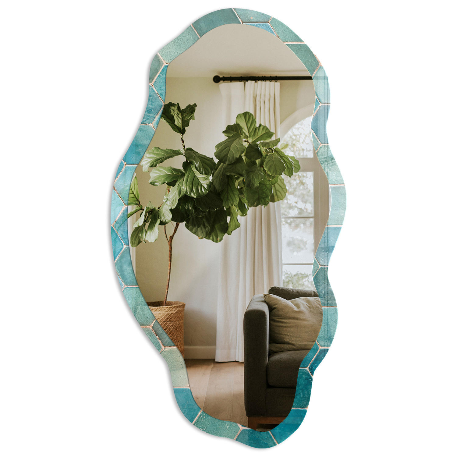 SPIEGEL 90x45 cm asymmetrisch mit Druck - Türkisfarbenes Mosaik - Transparent, Glas (45/90/0.4cm) - TULUP
