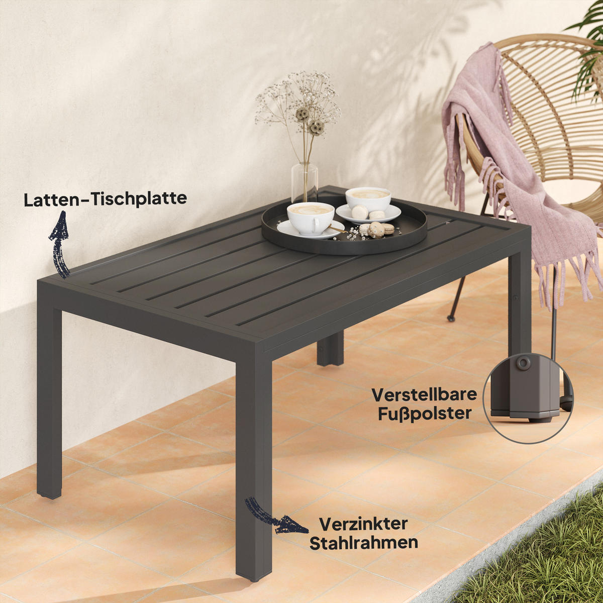 GARTENTISCH rechteckig Grau 101,50/61/46 cm - Grau, Metall (101.5/61/46cm) - Outsunny