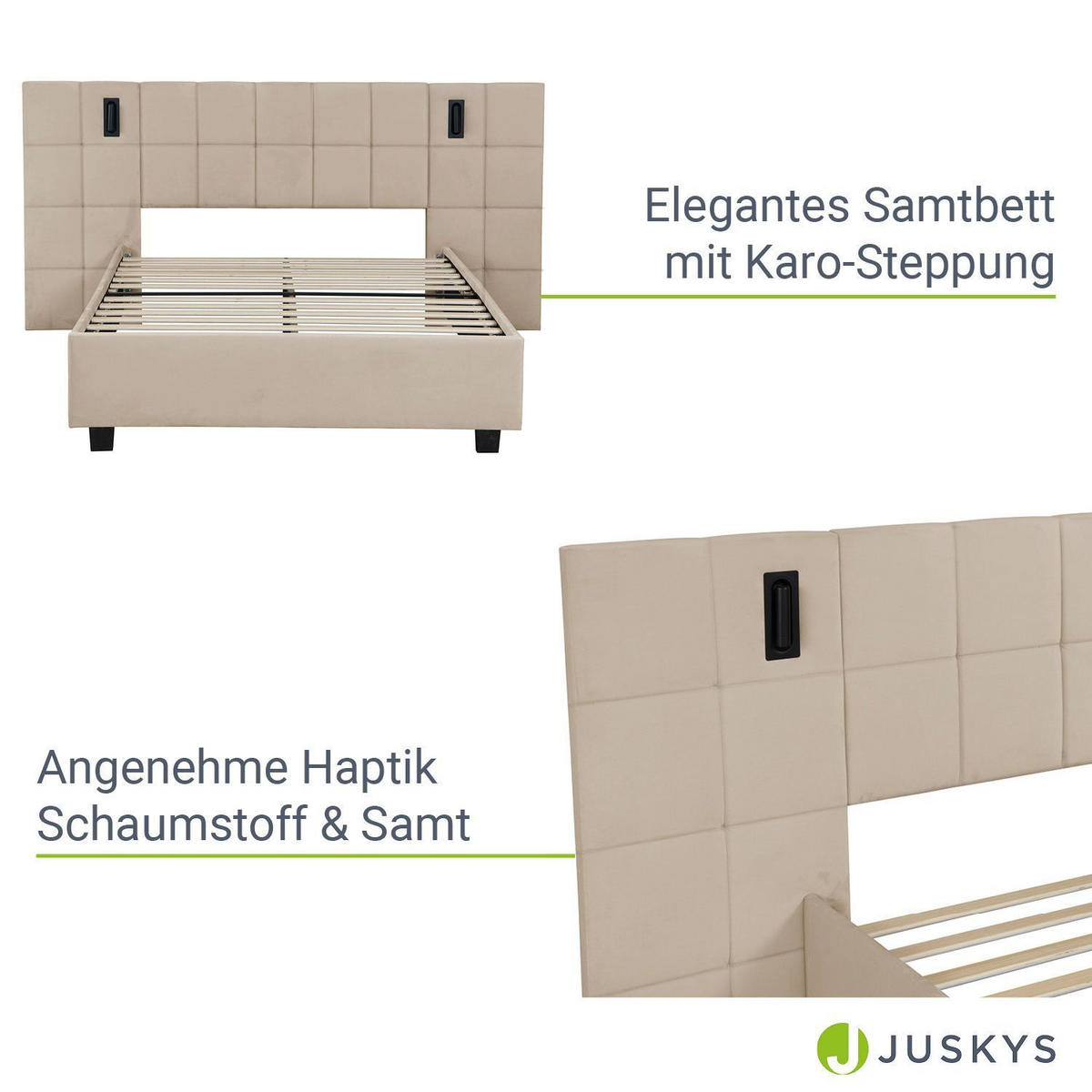 POLSTERBETT Luzano Beige Samt mit Leselicht und Matratze - Beige, Holz (140/200cm) - Juskys