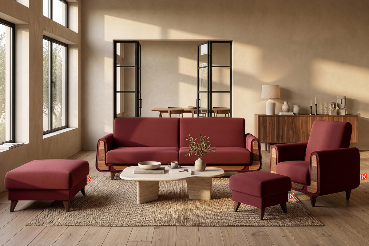 HOCKER GUSTAVO Velours, Bordeaux - Bordeaux, Holz/Holzwerkstoff (92/49/92cm) - KONSIMO®