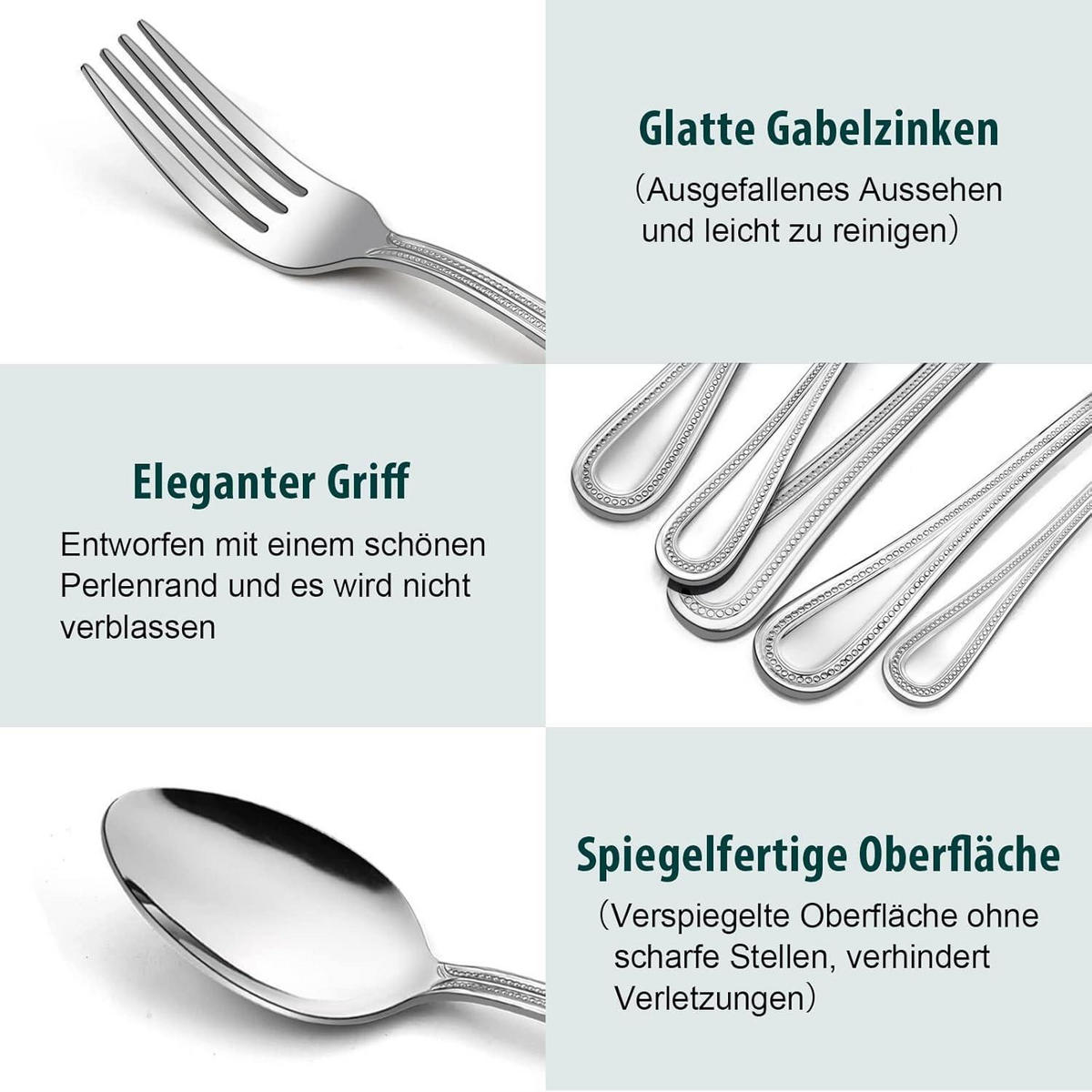 BESTECKSET 30-teilig für 6 Personen Edelstahl poliert Perlenrand Griff spülmaschinenfest - Silberfarben, Metall