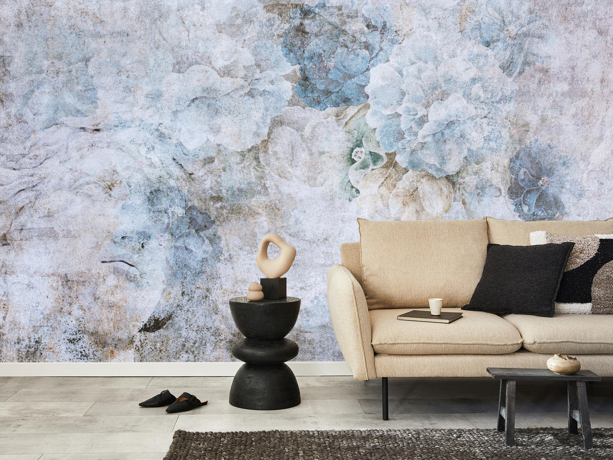 FOTOTAPETE Blaue Blumen Beton Vintage 400x280 - Grau, Papier (400/280cm) - Muralo