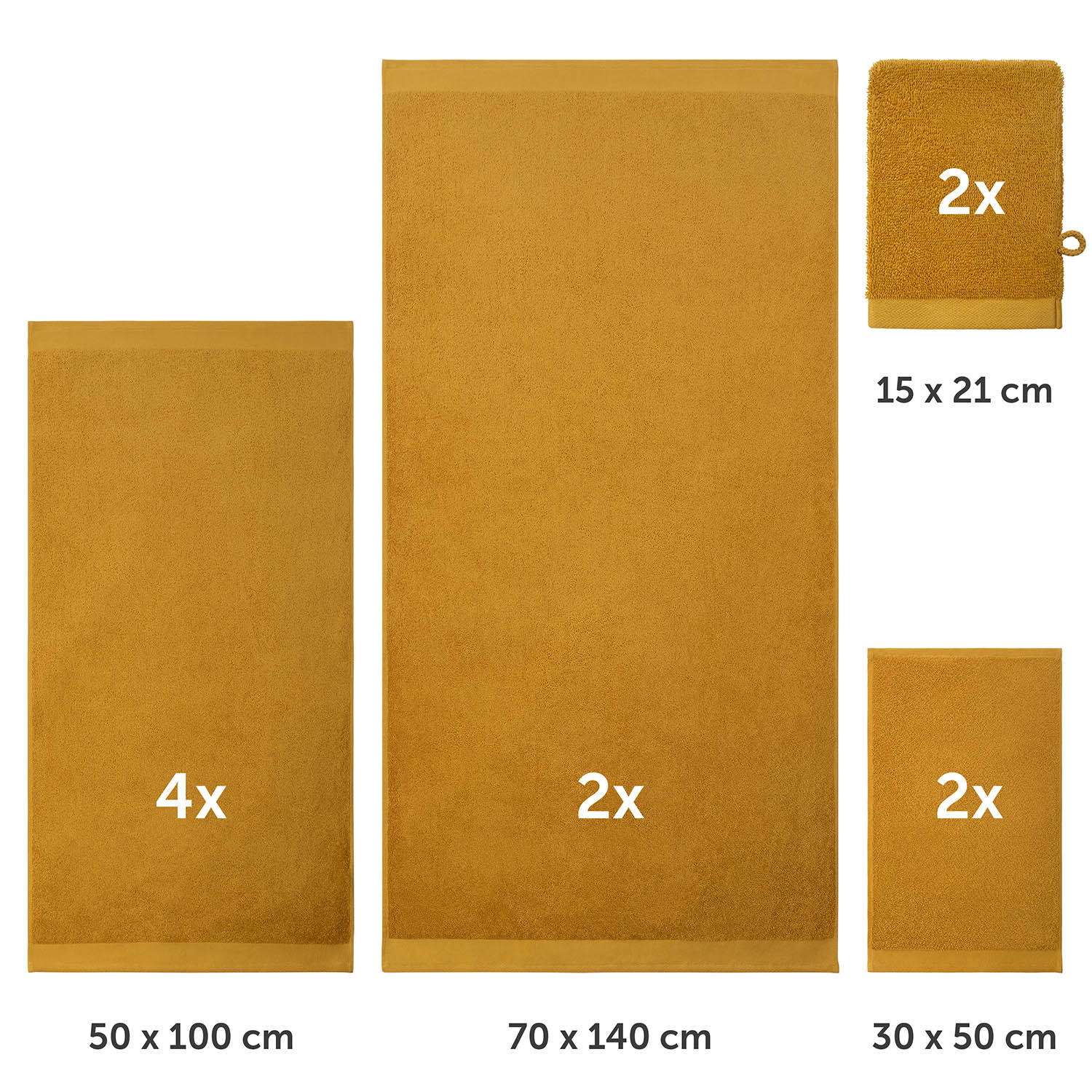 HANDTUCH 8-teilig, 2x Badetuch 70/140 + 4x Handtuch 50/100 + 2x Gästetuch 30/30 + 2x Waschlappen 15/20 cm, Gelb - Gelb, Textil (70/140cm) - Blumtal