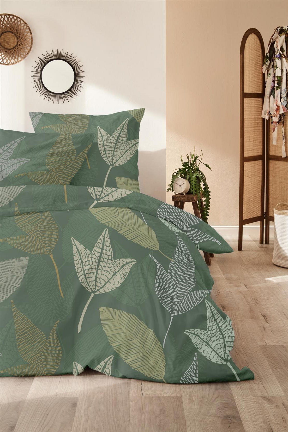 BIBER-BETTWÄSCHE 155x220 - Kuschelig warmer Flanell Bettbezug aus 100% Baumwolle für Herbst & Winter - Blätter Grün - Grün, Textil (155/220cm) - Carpe Sonno