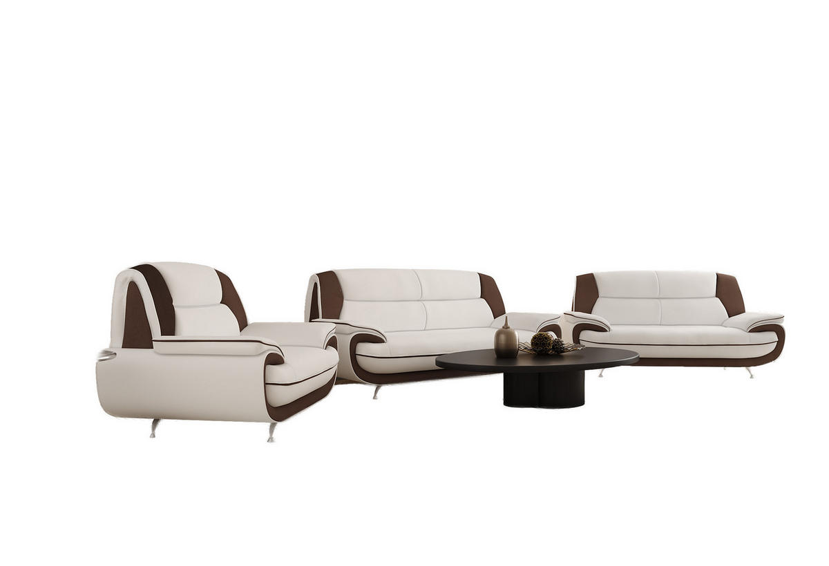 SOFAGARNITUR 3+2+1, Stoff Kronos, Weiß + Braun, Palermo - Weiß, Holz (198/89/87cm) - Kaiser Möbel
