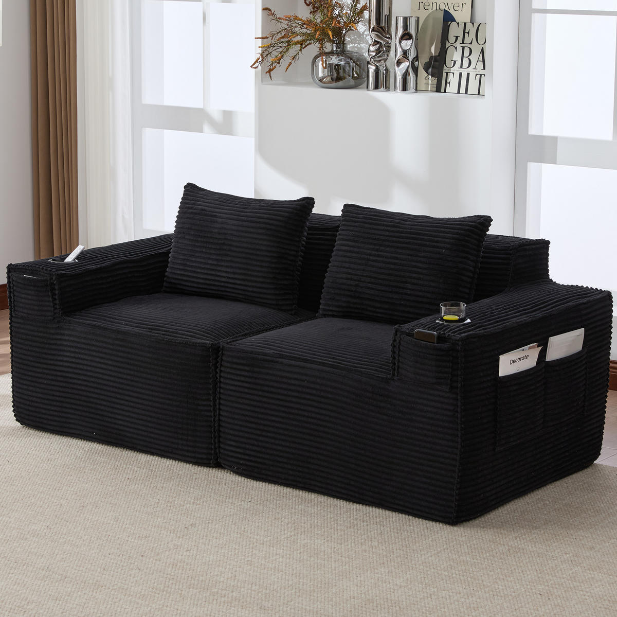 SOFA modularer 2-Sitzer mit Getränkehaltern 188 x 90 x 75 cm Schwarz - Schwarz, Kunststoff (188/75/90cm) - Meubliv