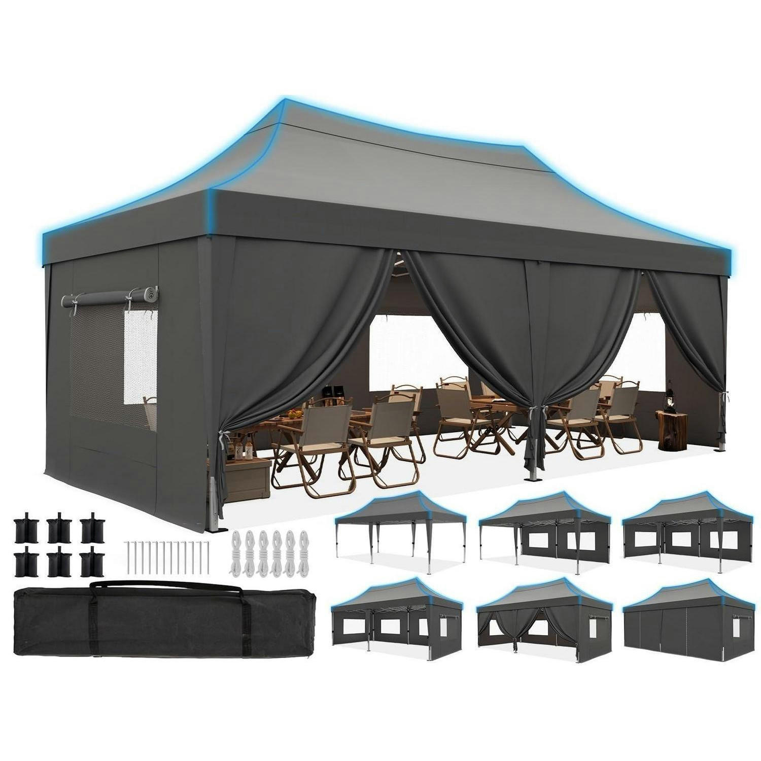 FALTPAVILLON 3x6m Grau wasserdicht mit Seitenwänden - Grau, Textil (585/310/293cm)