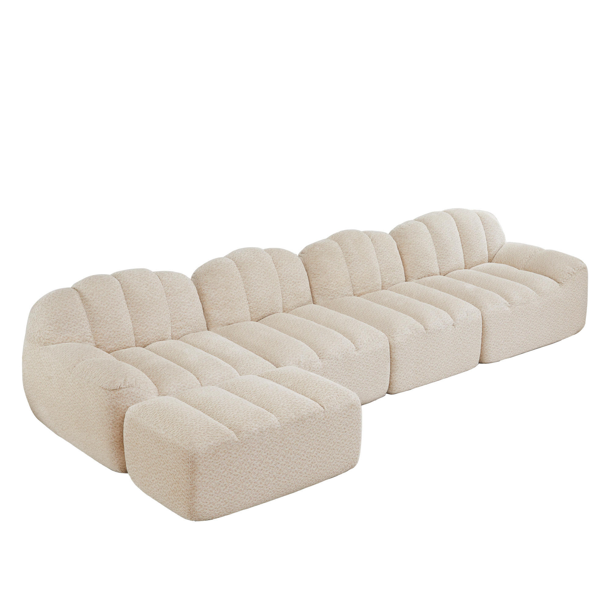 ECKSOFA 366/165/79 cm 4-Sitzer beige-weiß aus granuliertem Fleece modular mit Ottomane - Creme, Textil (165/366cm) - OKWISH