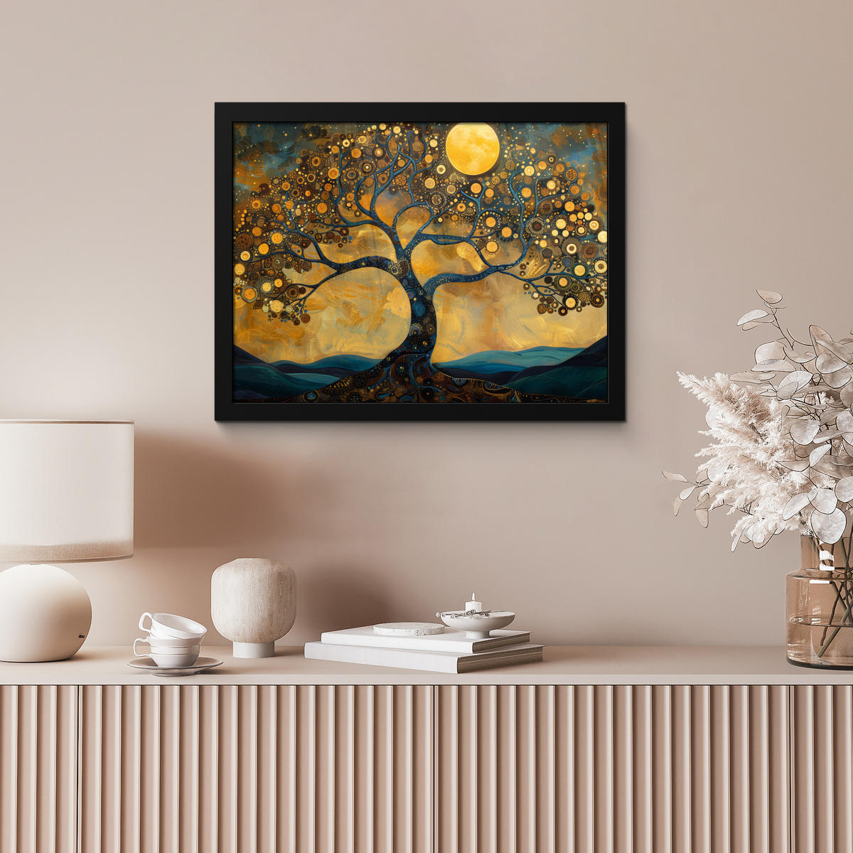 POSTER MIT RAHMENGERAHMTES BILD Baum - Mond - Blumen - Gold - Kunst 40x30 cm - Orange, Papier (40/30cm) - MuchoWow