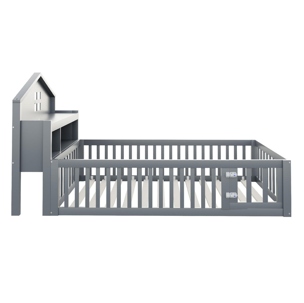 KINDERBETT 90/200 cm in Hausform mit Schutzgitter, Tür und Stauraum - Grau, Holzwerkstoff (90/200cm) - BEAOK