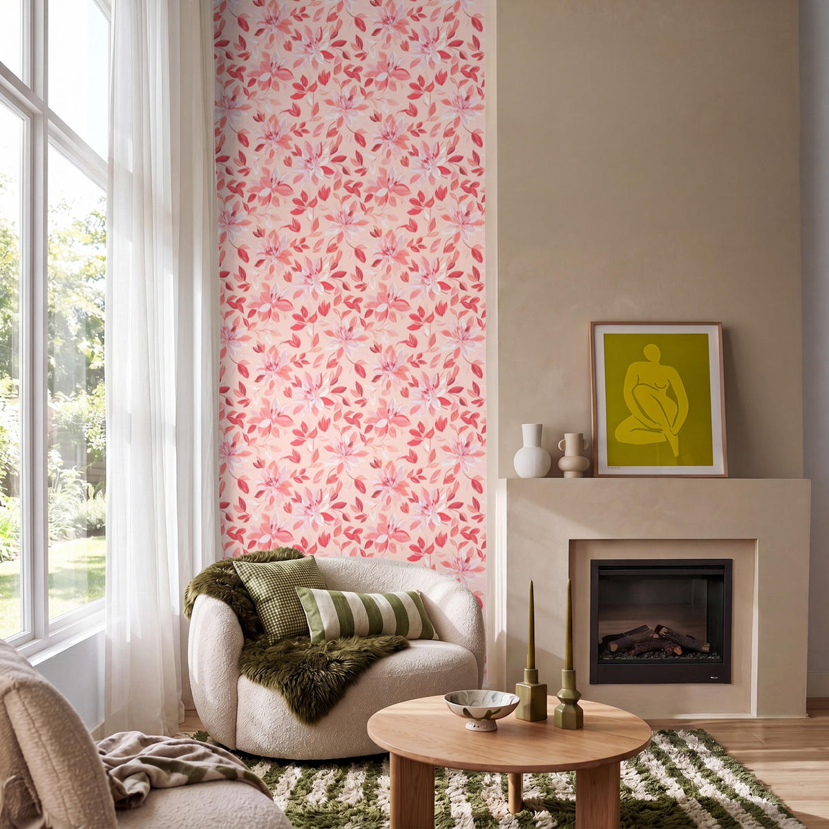TAPETE - Botanisch - Blumen - Rot - 100x300 cm - Koralle, Papier (100/300cm) - OnlyWow