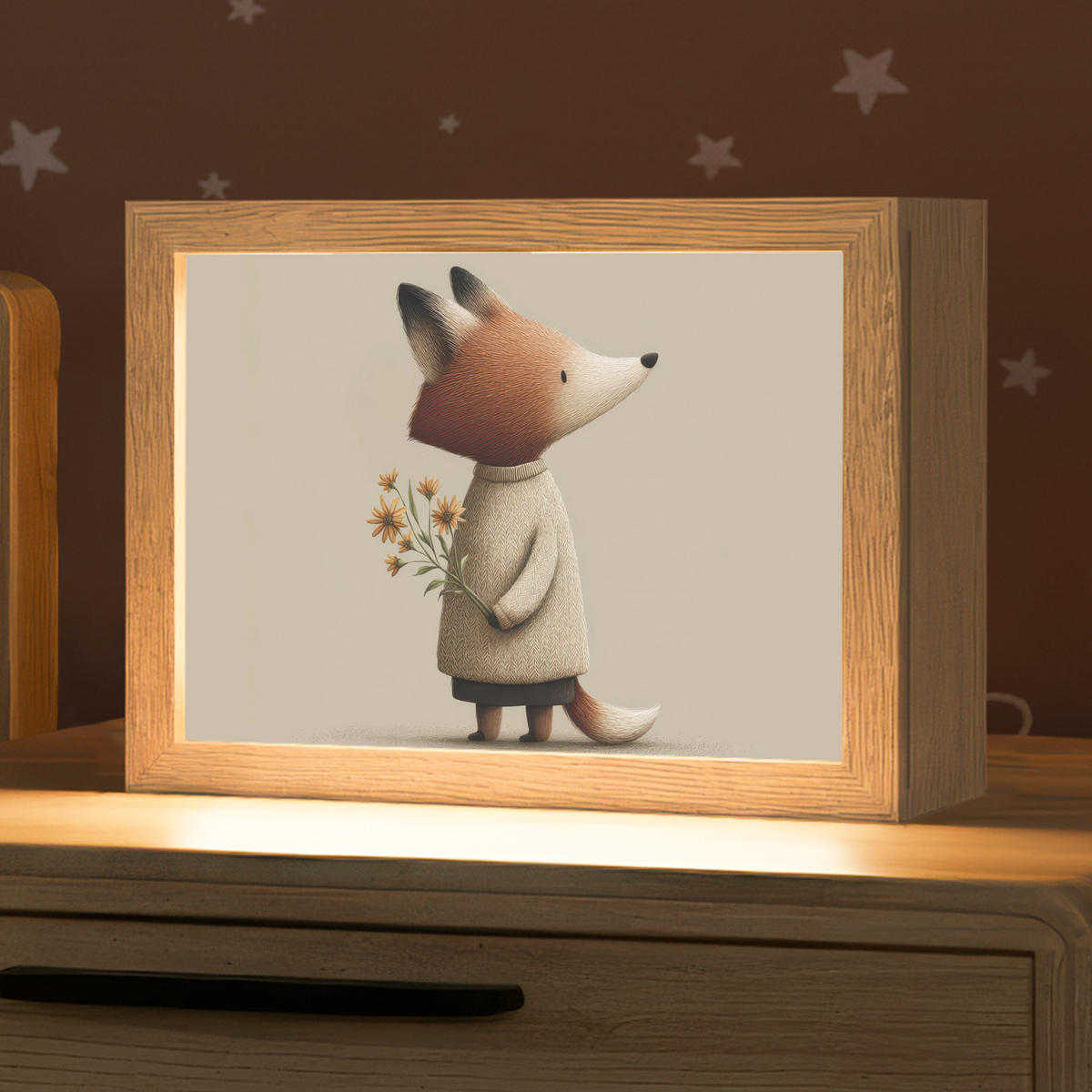 NACHTTISCHLAMPE Fuchs - Gelbe Blumen - Minimalistisch 20x15 cm - Taupe, Holzwerkstoff (8/20/15cm)