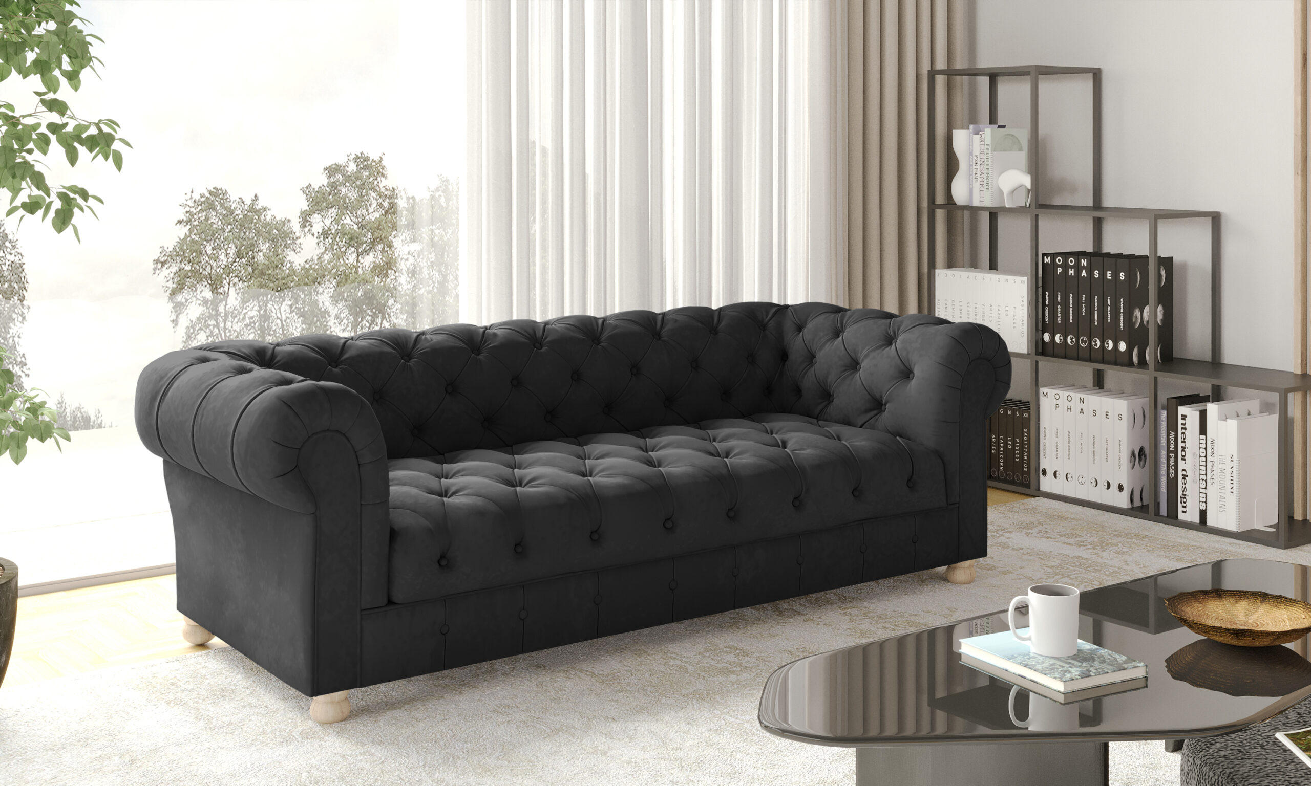SOFA CHESTERFIELD Elegant Klassisch Schick Stoff Whisper Velours Graphit - Graphitfarben, Holz/Textil (202/77/90cm) - Kaiser Möbel