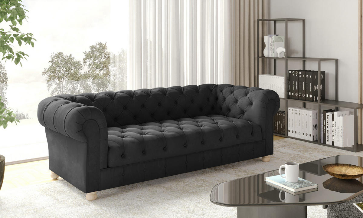 SOFA CHESTERFIELD Elegant Klassisch Schick Stoff Whisper Velours Graphit - Graphitfarben, Holz/Textil (202/77/90cm) - Kaiser Möbel