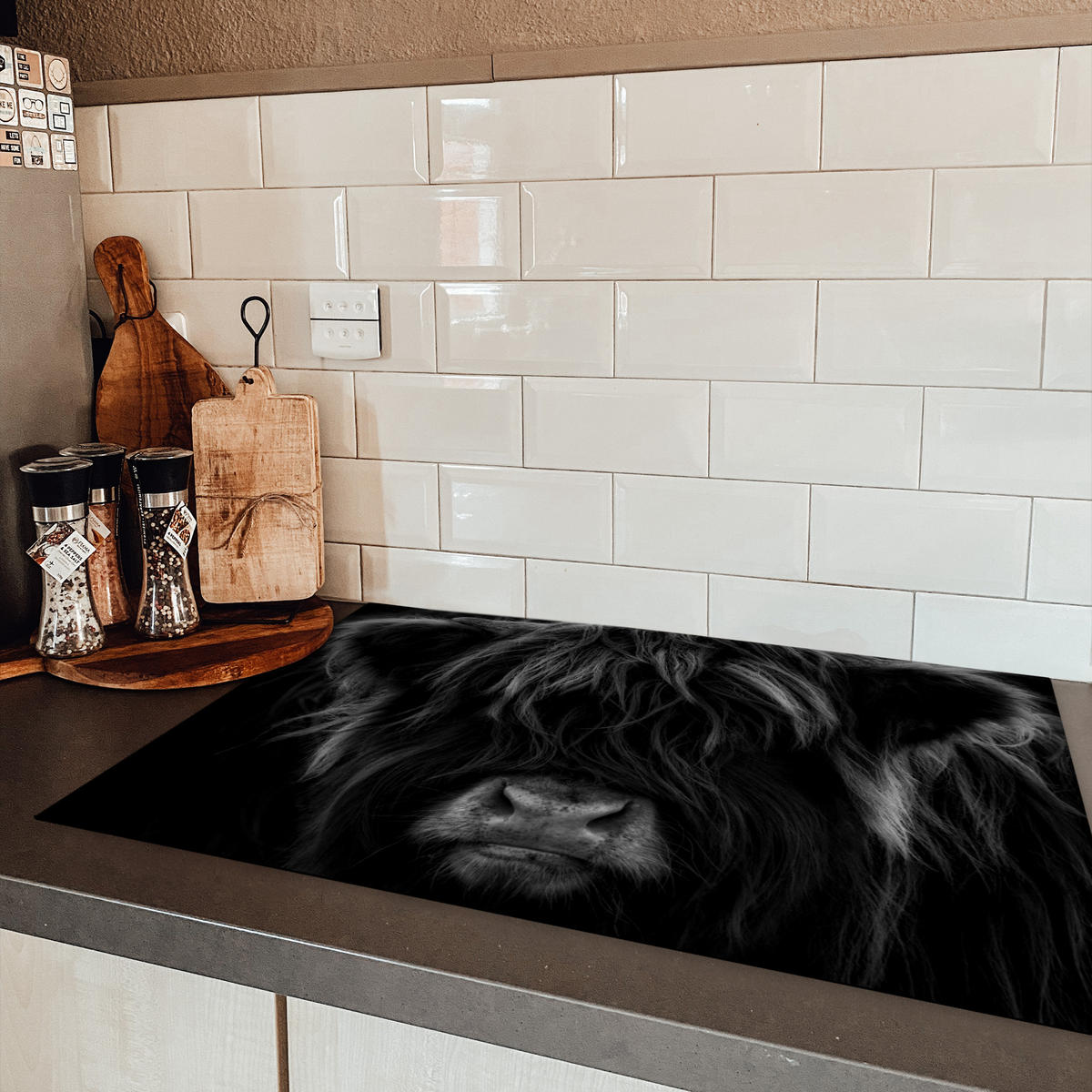 HERDABDECKPLATTE Schottischer Highlander - Kuh - Schwarz - Weiß - Tiere Induktionsmatte 81x52 cm - Schwarz, Kunststoff (81/52/0.2cm) - MuchoWow