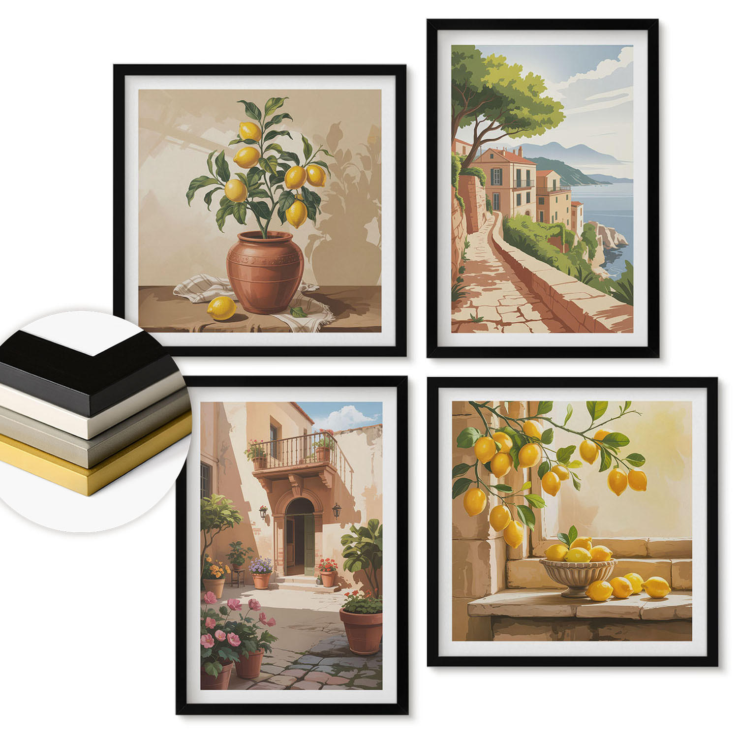 WANDBILDER 4er-Set - 50x50 cm & 40x60 cm Schwarzer Rahmen - Zitrusfrüchte in der Küche - Schwarz, Kunststoff (50/50cm) - ArtPrintCave