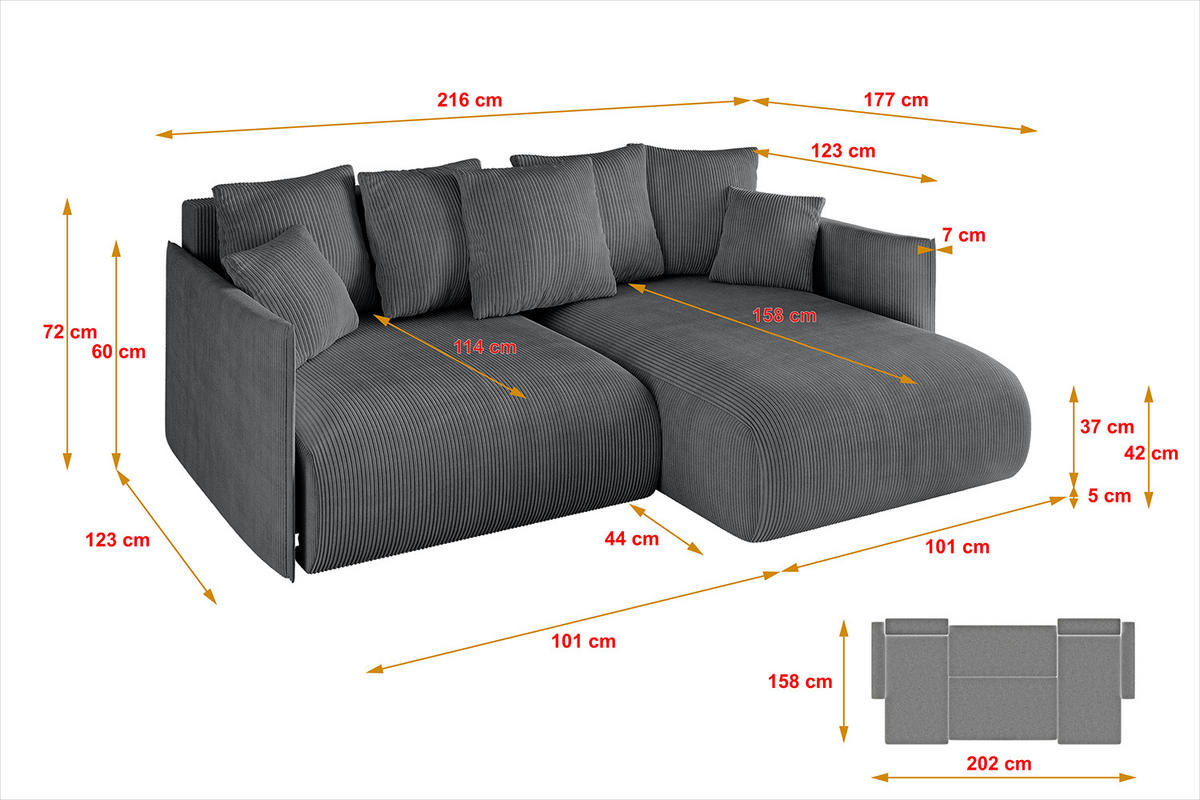 ECKSOFA Ottomane rechts ONESK-L 216x177x72 Dunkelgrau Cord - Dunkelgrau, Holzwerkstoff/Kunststoff (177/216cm) - ALTDECOR