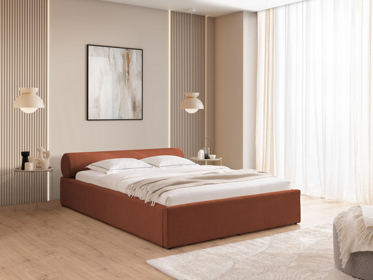 ČALOUNĚNÁ POSTEL 140/200 cm Josy v designovém vzhledu s úložným prostorem a lamelovým roštem, v terakotové chenille látce - černá/terakotová, dřevo/textil (140/200cm) - S-Style Möbel