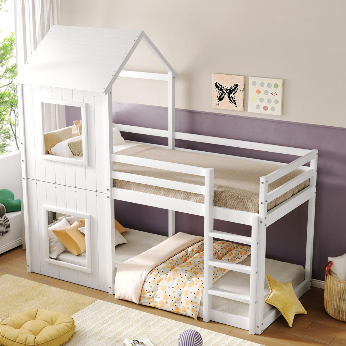 KINDERBETT 90/200 cm aus Kiefernholz mit Sicherheitsgeländer und Hausdach, Weiß - Weiß, Holzwerkstoff (90/200cm) - Redom