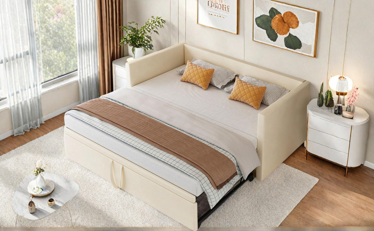 SCHLAFSOFA 90x200cm beige samt ausziehbar 180x200cm - Beige, Holzwerkstoff (180/200cm) - SHOPENTRA