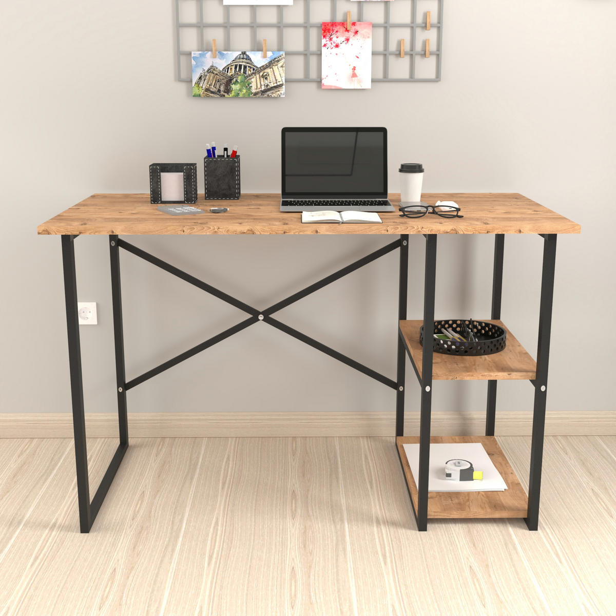 SCHREIBTISCH Nittedal - Eichefarben/Schwarz, Holzwerkstoff/Metall (60/120/75cm) - [en.casa]
