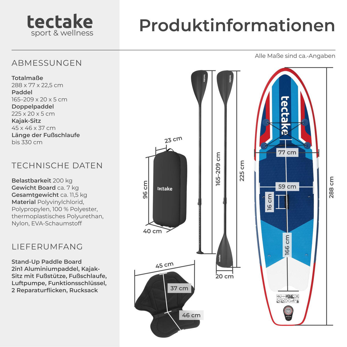 STAND-UP-PADDLE-BOARD 2in1 , 288 x 77 x 22,5 cm, rot/blau - Rot, Kunststoff (288/77/0.23cm) - tectake