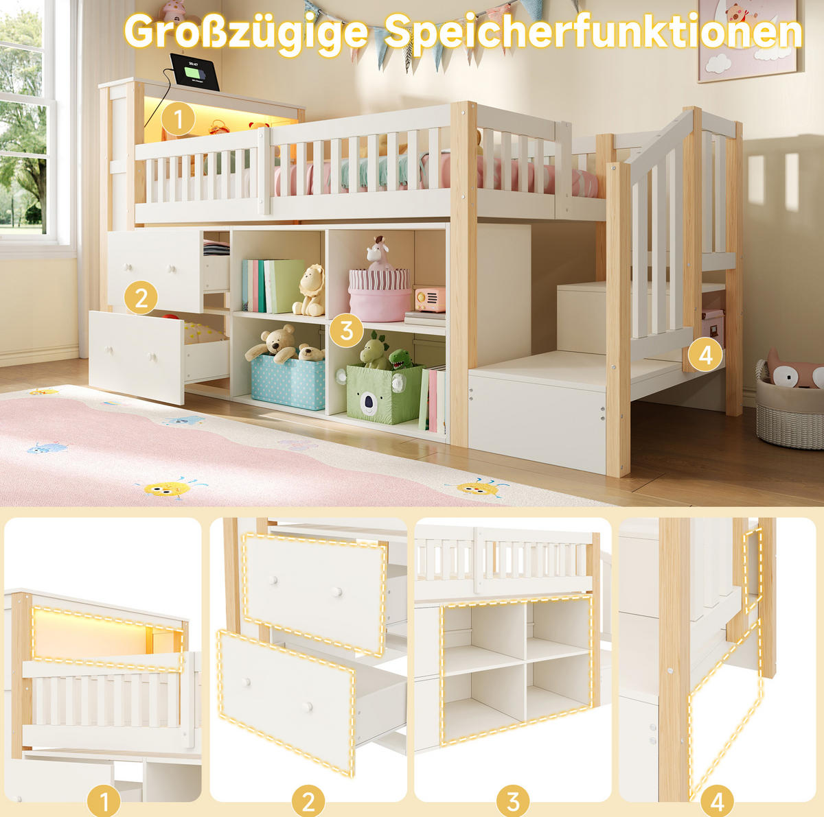 HOCHBETT Kiefernholz & MDF 90x200 cm Natur mit Stauraum, Leiterschrank, USB/USB-C und LED - Naturfarben, Holzwerkstoff (90/200cm) - Modfu