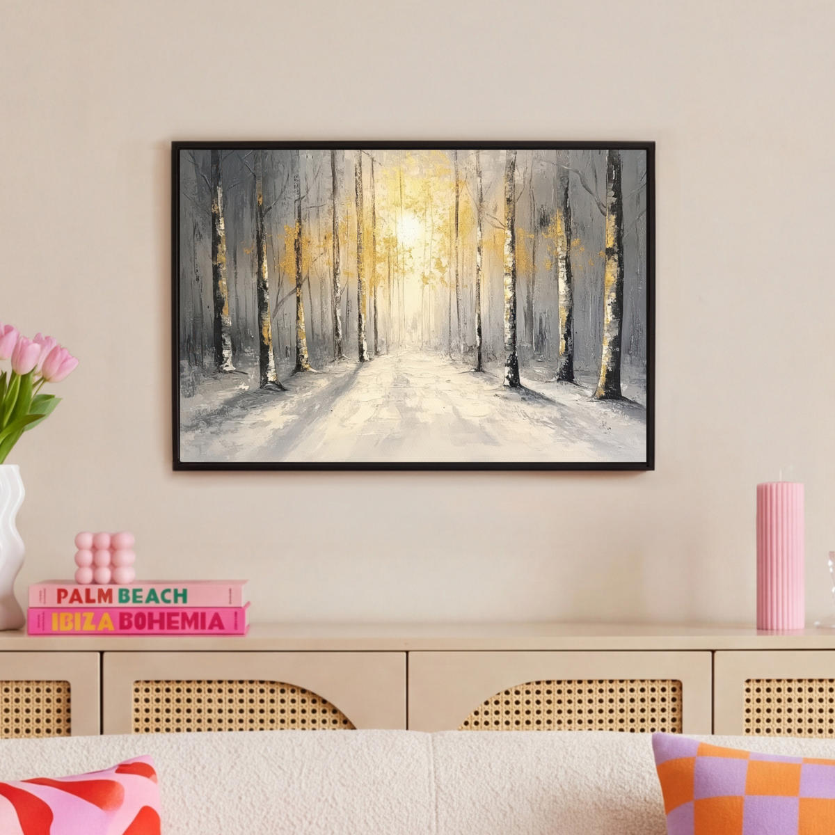 LEINWAND Bilder mit Rahmen - Winter - Abstrakt - Schnee - Natur - Sonne - 60x40 - Grau, Textil (60/40cm) - MuchoWow