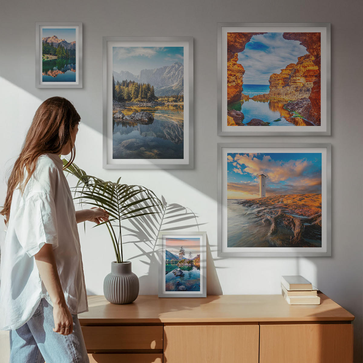 BILDER SET 5er Set - 50x50 cm & 20x30 cm & 40x60 cm Silberner Rahmen - Aussicht Paris New York Treppen - Silberfarben, Kunststoff (40/60cm) - TULUP