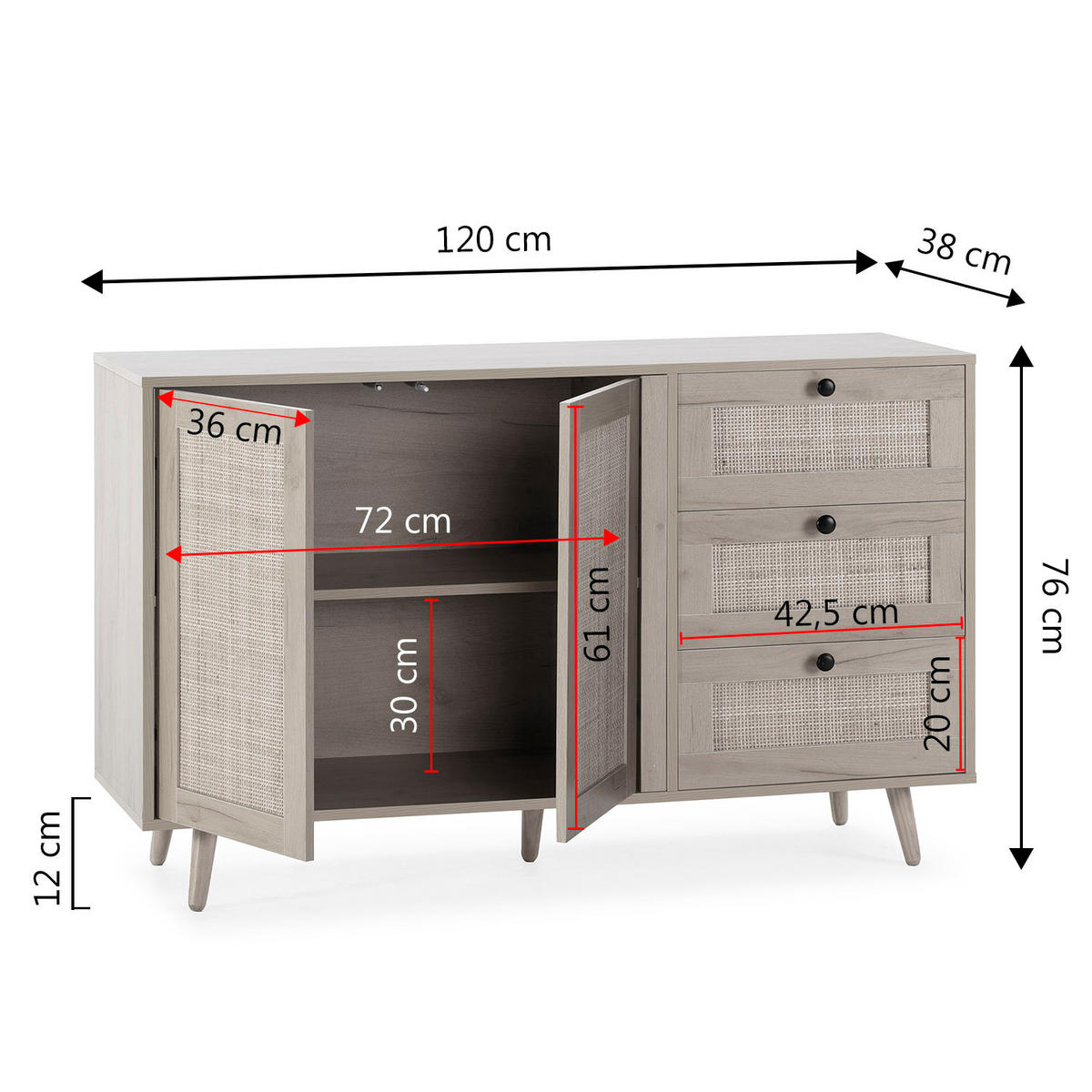 SIDEBOARD Bella 3 Schubladen 2 Eichentüren - Honigeiche, Holzwerkstoff (120/76/38cm)