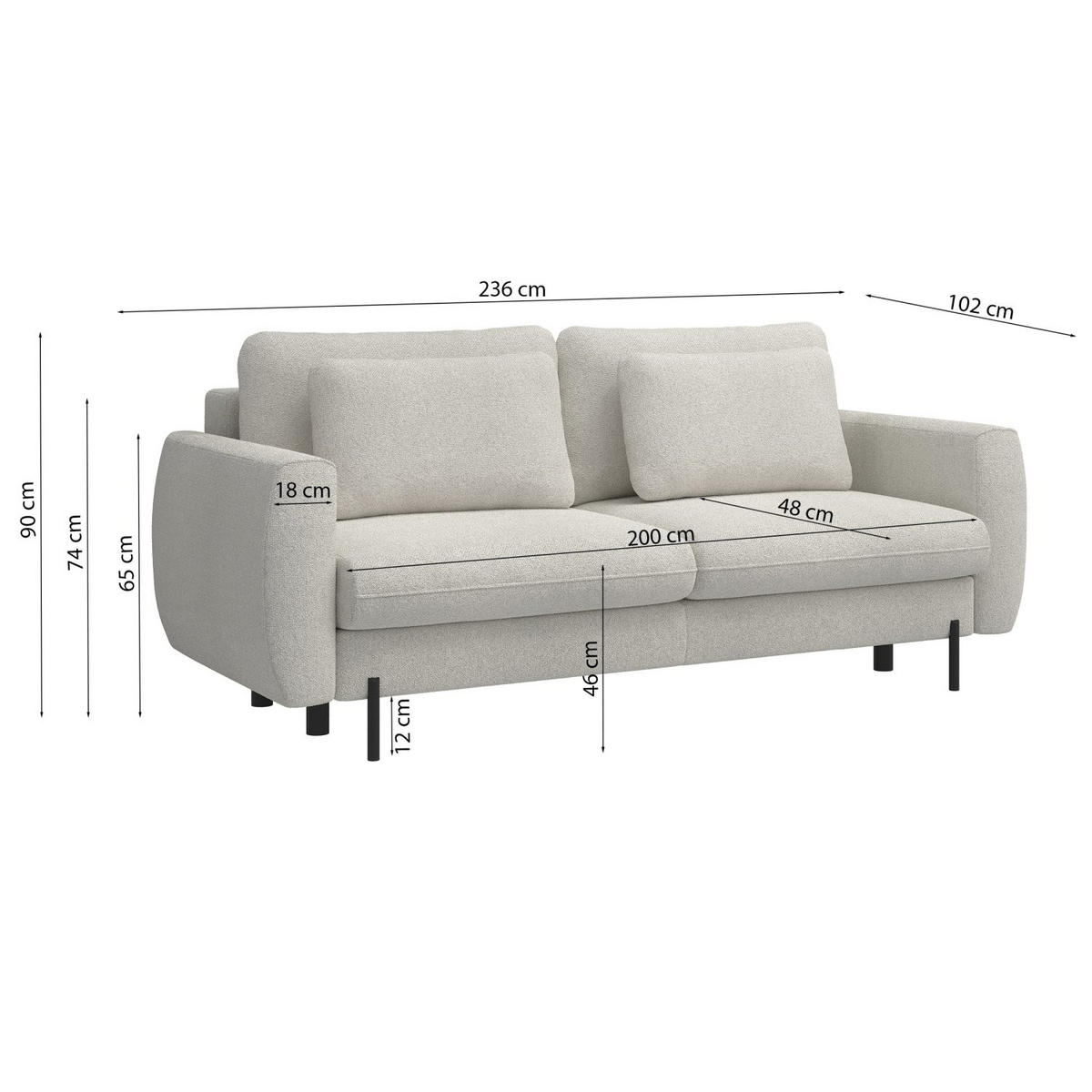 SOFA Rane Grau mit Schlaffunktion - Schwarz/Grau, Textil/Metall (236/90/102cm) - Selsey