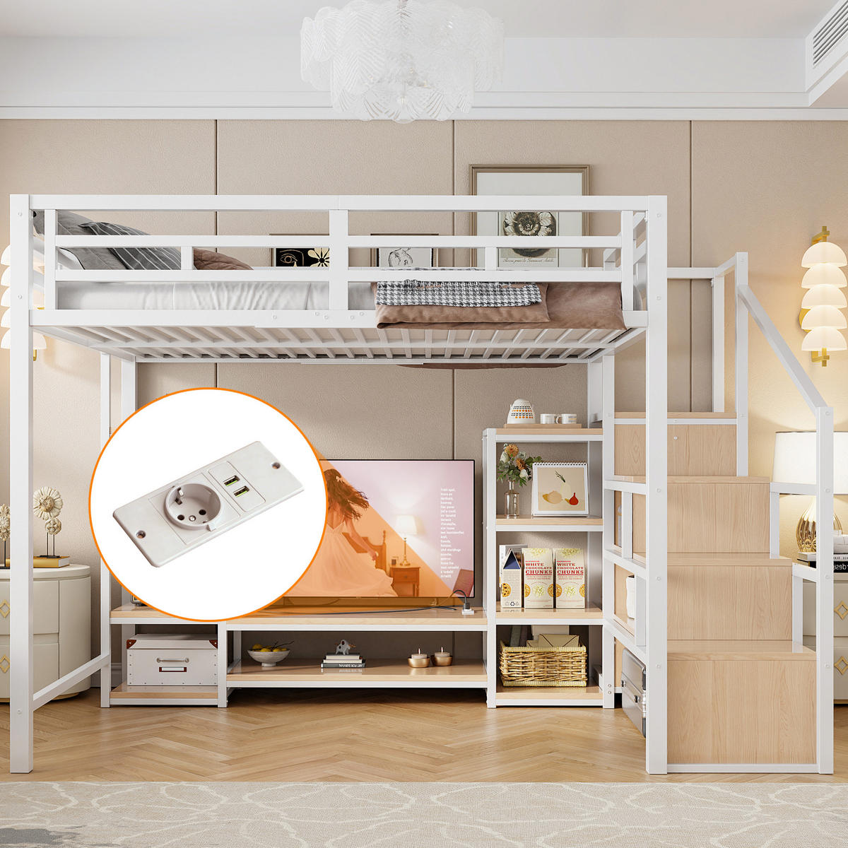 HOCHBETT 140/200 cm aus Metall mit TV-Ständer und Steckdose, Weiß - Weiß, Metall (140/200cm) - OKMYHOME