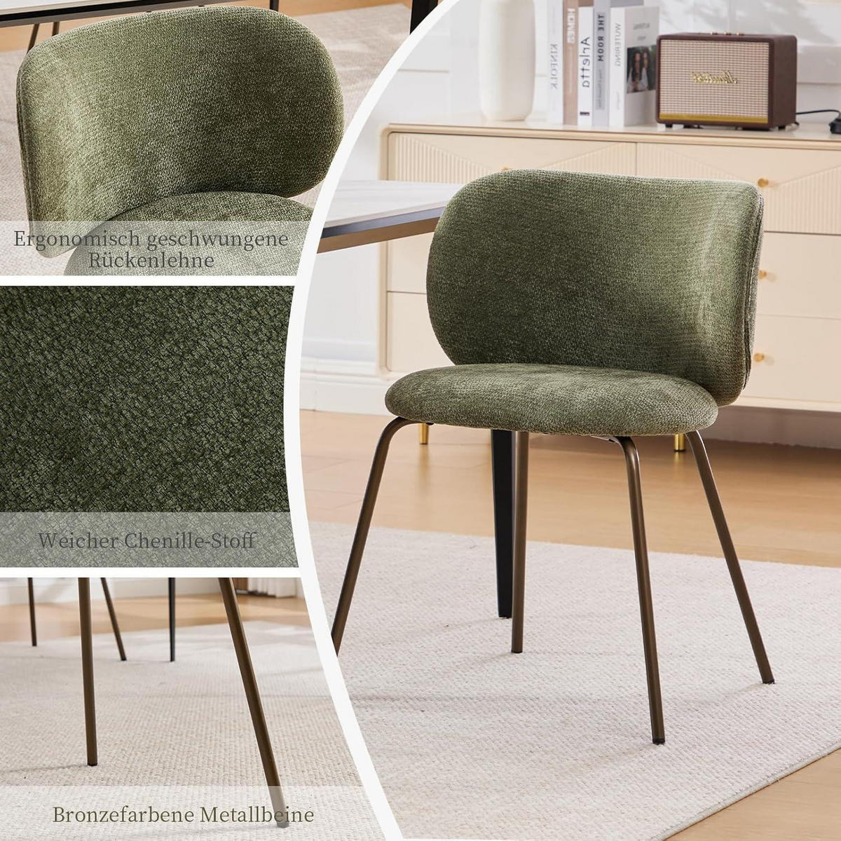 ESSZIMMERSTUHL 1er Set Chenille Olivgrün mit Metallbeinen - Olivgrün, Textil (52/80/46.5cm)