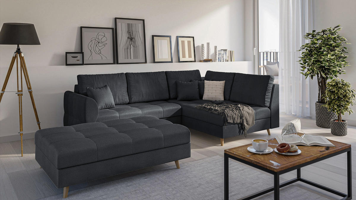 ECKSOFA MIT HOCKER Lorine Mikrofaser Anthrazit - Hellbraun/Anthrazit, Buchenholz/Textil (231/161cm) - S-Style Möbel