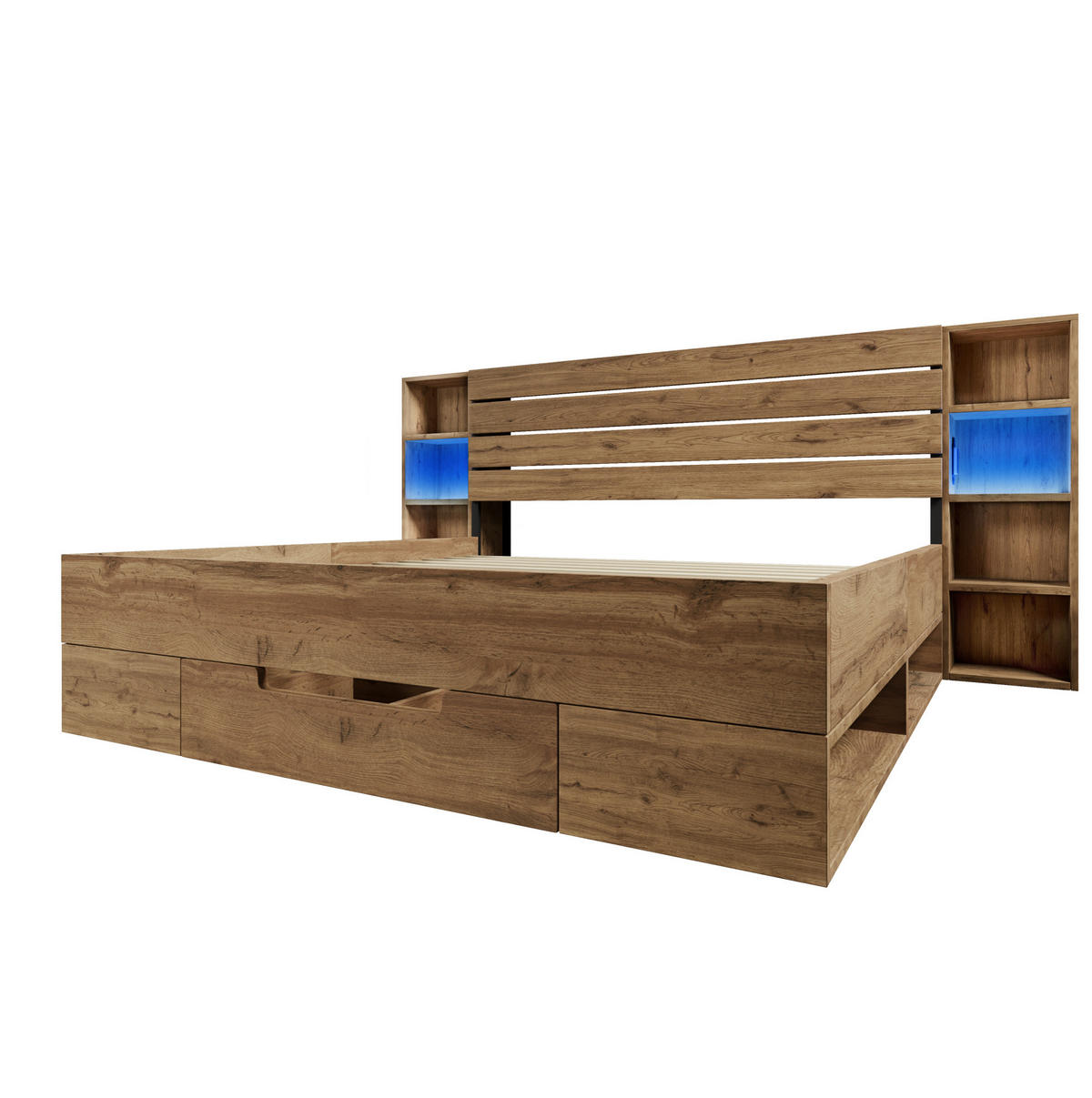 POLSTERBETT aus Holz und Metall 180x200 cm in Eiche mit LED & USB-C - Eichefarben, Holz (180/200cm) - Modfu