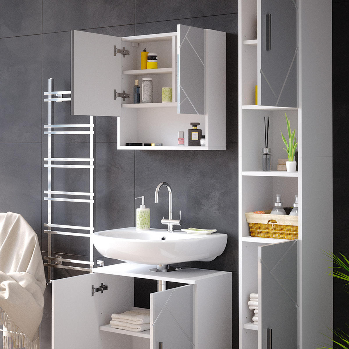 BADMÖBEL-SET Irma Weiß Hochglanz 3 Teile, mit Hochschrank - Weiß Hochglanz/Weiß, Holzwerkstoff (80/58.6/41cm) - Vicco