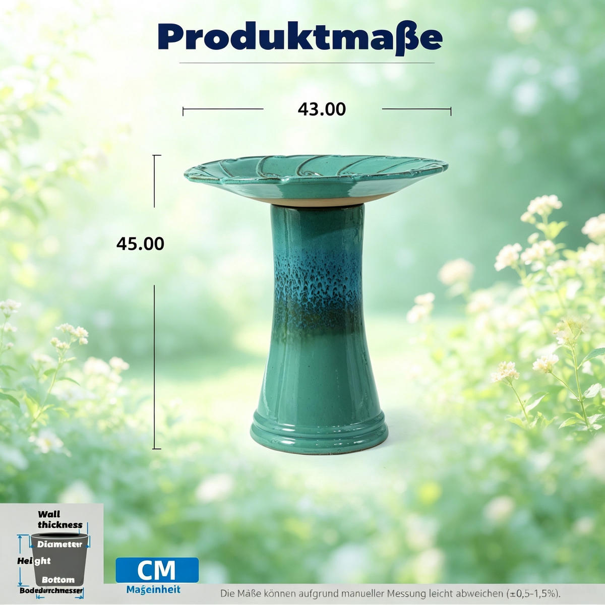 VOGELBAD mit Standfuß, Keramik Ø43/45H cm, Wetterfest, Hellblau - Jadegrün, Keramik (43/45/43cm) - LVHOM