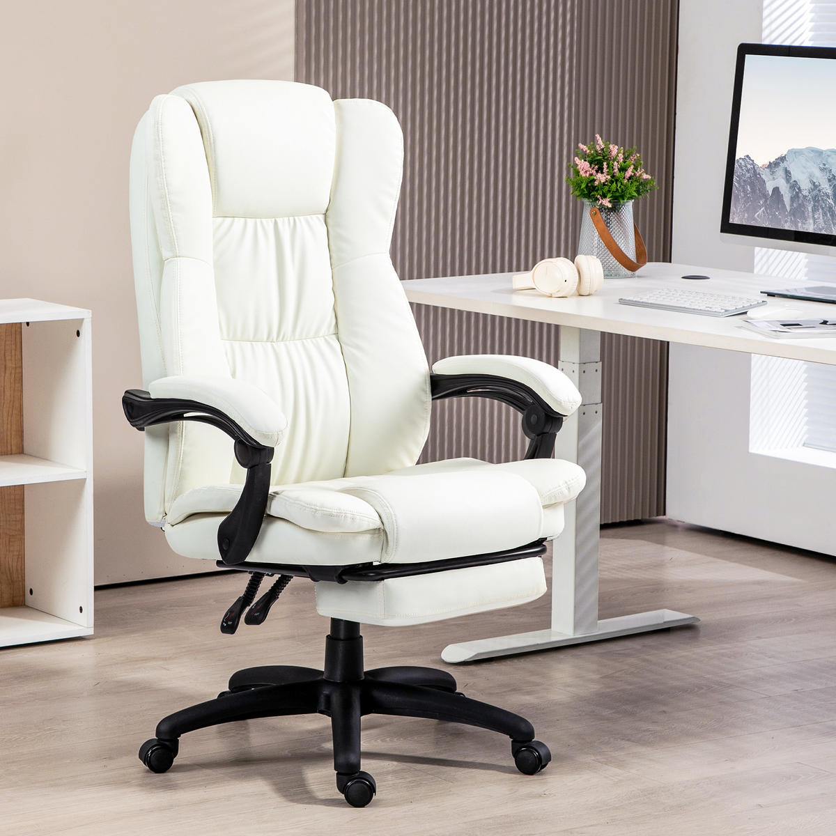 VERSTELLBARER Drehstuhl mit Fußstütze, Kopfstütze, Massagefunktion, Cremeweiß - Creme/Schwarz, Kunststoff (68.5/121/68.5cm) - Vinsetto