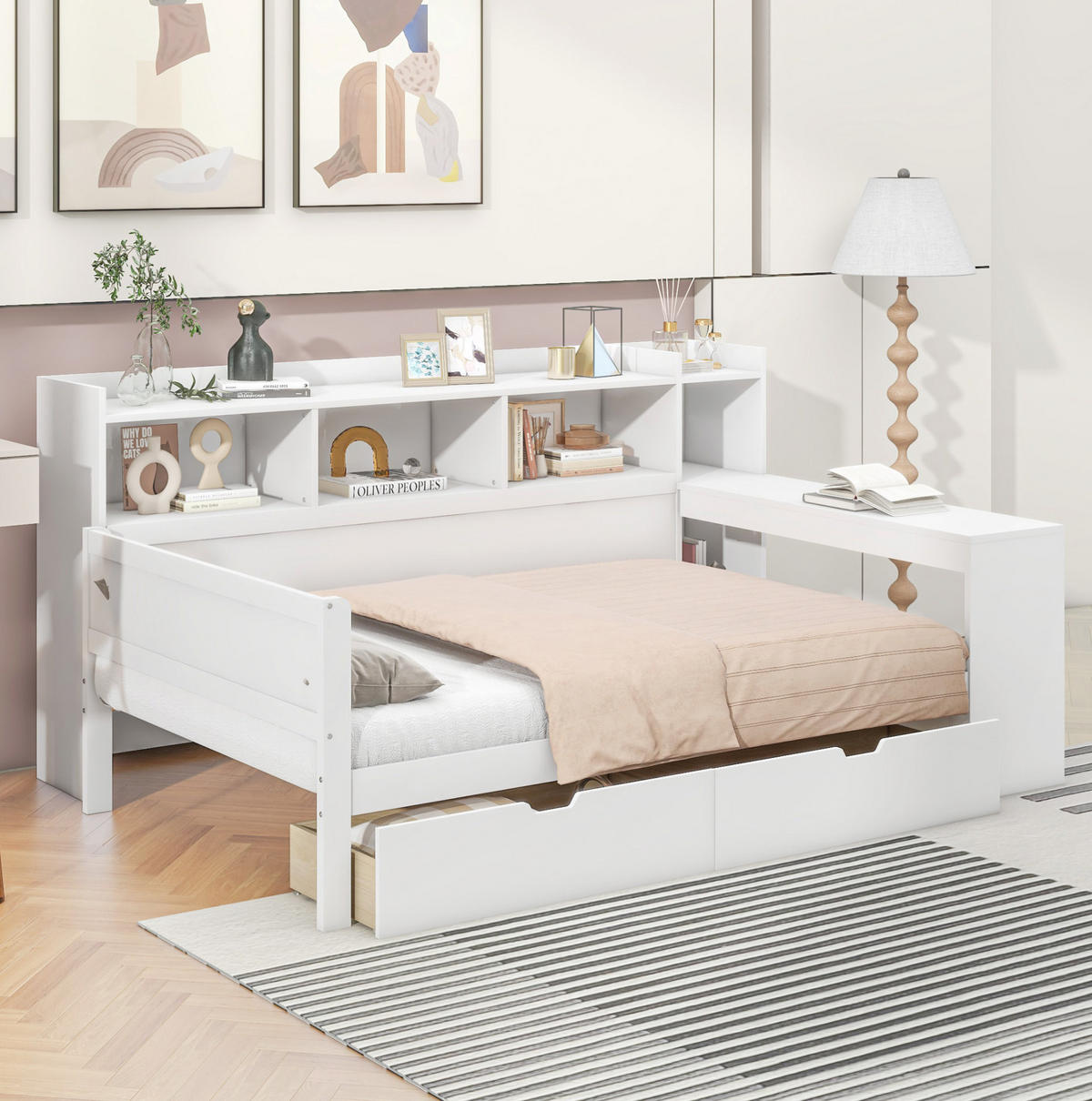 BETT 90/200 cm in Weiß mit Schreibtisch, USB-Anschluss und 2 Schubladen - Weiß, Holzwerkstoff (90/200cm) - BEAOK
